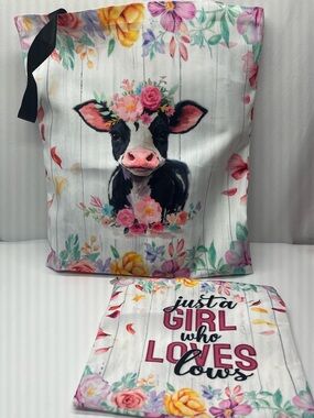 Just a Girl Who Loves Cows Floral Tote & Pouch - White Pink Floral